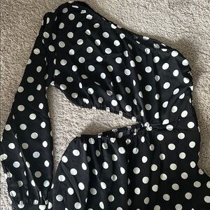 I Saw It First Black / White Polka Dot One Shoulder Midi Dress